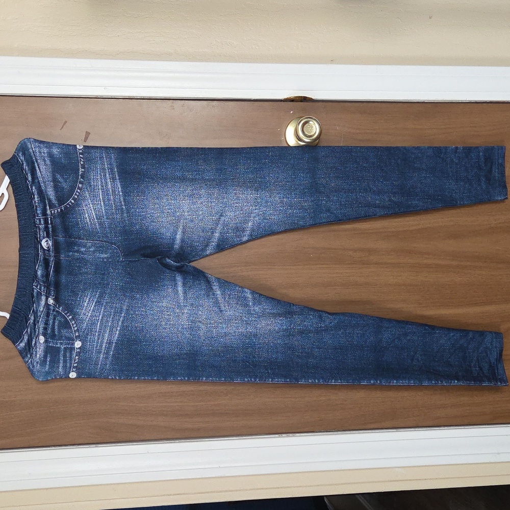 💖 Denim Print Blue Leggings Size Small.
